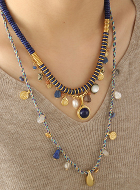 新品藏族蓝纹石天 然青金石毛衣链女淡水珍珠长款串珠民族风项链