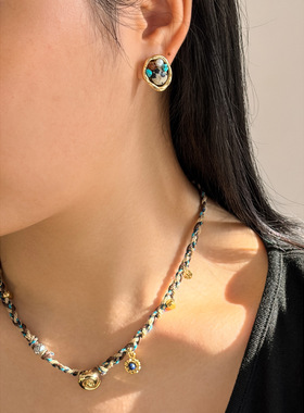 新款复古蓝绳手工编绳项链小众设计民族风感锁骨链耳钉套装