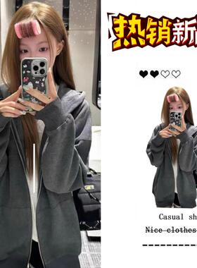 美式复古灰色拉链开衫连帽卫衣女春秋宽松oversize原宿风百搭外套