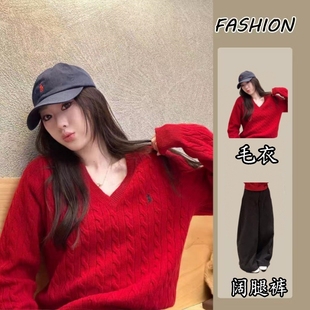 新年战袍圣诞节红色毛衣套装女秋冬季2025新款巨好看的穿搭一整套