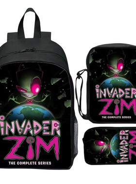 新品印花Invader Zim三件套装书包 卡通外星入侵者ZIM小学生背包