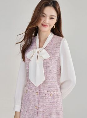 法式小香风假两件连衣裙气质通勤拼接飘带领收腰裙子女15805