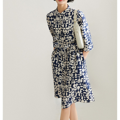 高端桑蚕丝衬衫式裙子 真丝连衣裙 印花裙设计感2026夏季女装新款