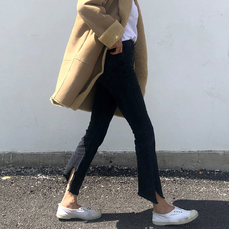 黑色牛仔垂感喇叭裤女2021春秋新款高腰不规则直筒九分微喇裤子潮