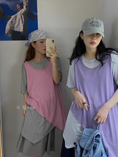 沐皙MUXI2026夏日设计感不规则撞色短袖两件套韩系休闲女装夏季