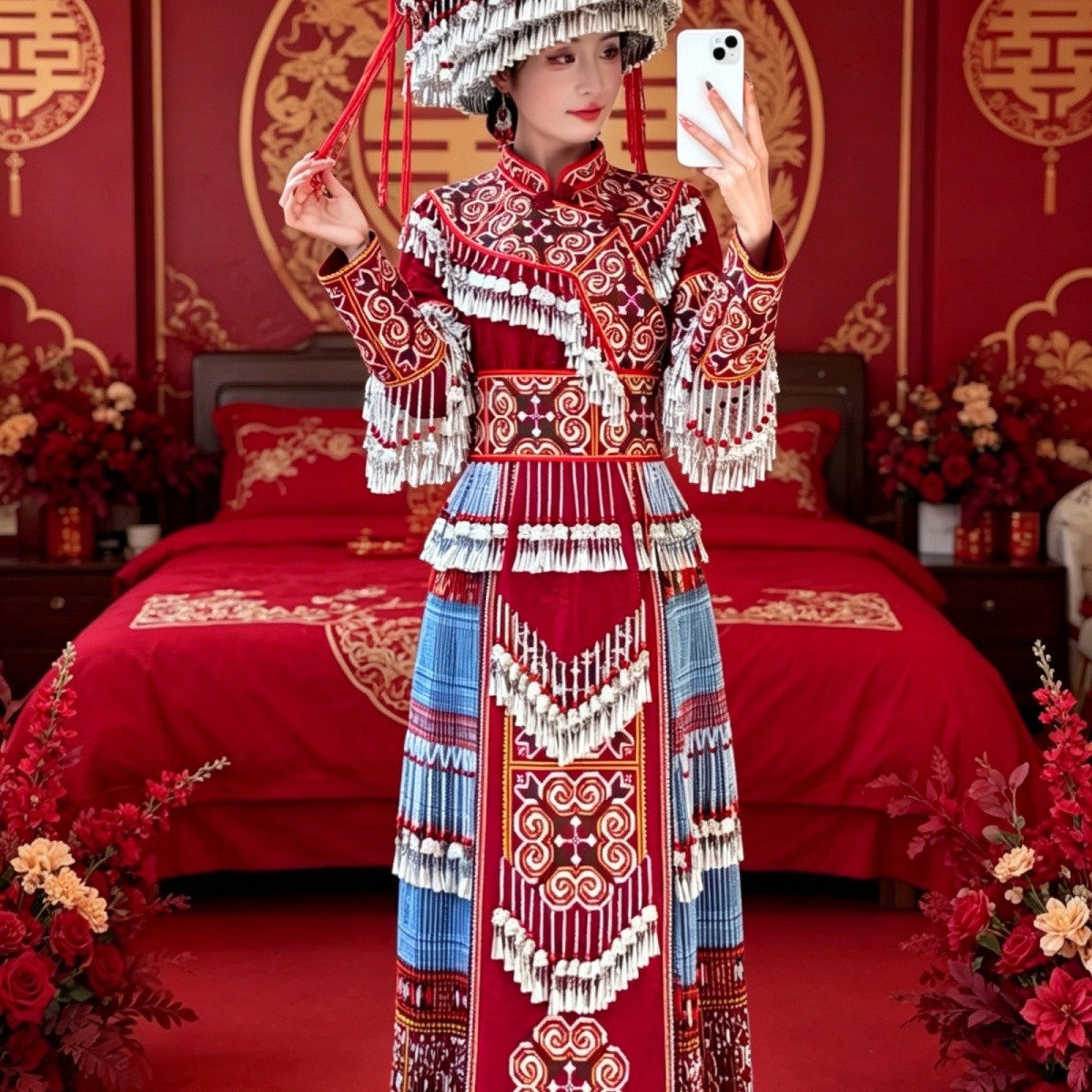 2026新款苗族红色刺绣婚礼套装