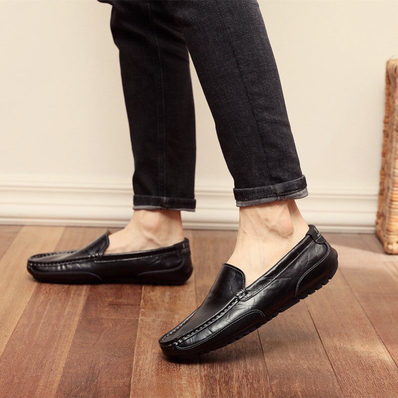 DOUDOU 신발 남성 여름  가죽 영국 2024 한국어 버전 유행 통기성 게으른 한쪽 다리 남성 신발 남성용 캐주얼 가죽 신발