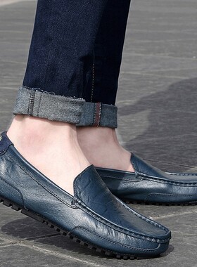 豆豆鞋男真皮透气夏季韩版蓝色软底青年懒人一脚蹬春季休闲皮鞋子