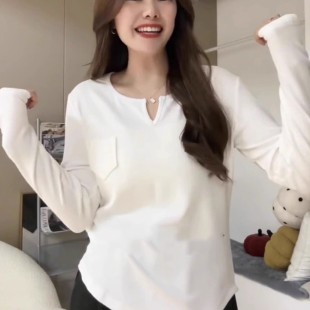 T恤打底衫 胖mm显瘦遮肚子减龄长袖 宽松正肩百搭V领上衣女秋季 大码