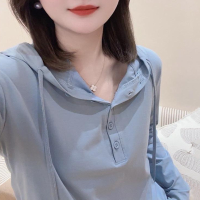 休闲连帽长袖T恤女薄款纯棉小衫韩范连帽衫简约时尚上衣大码宽松