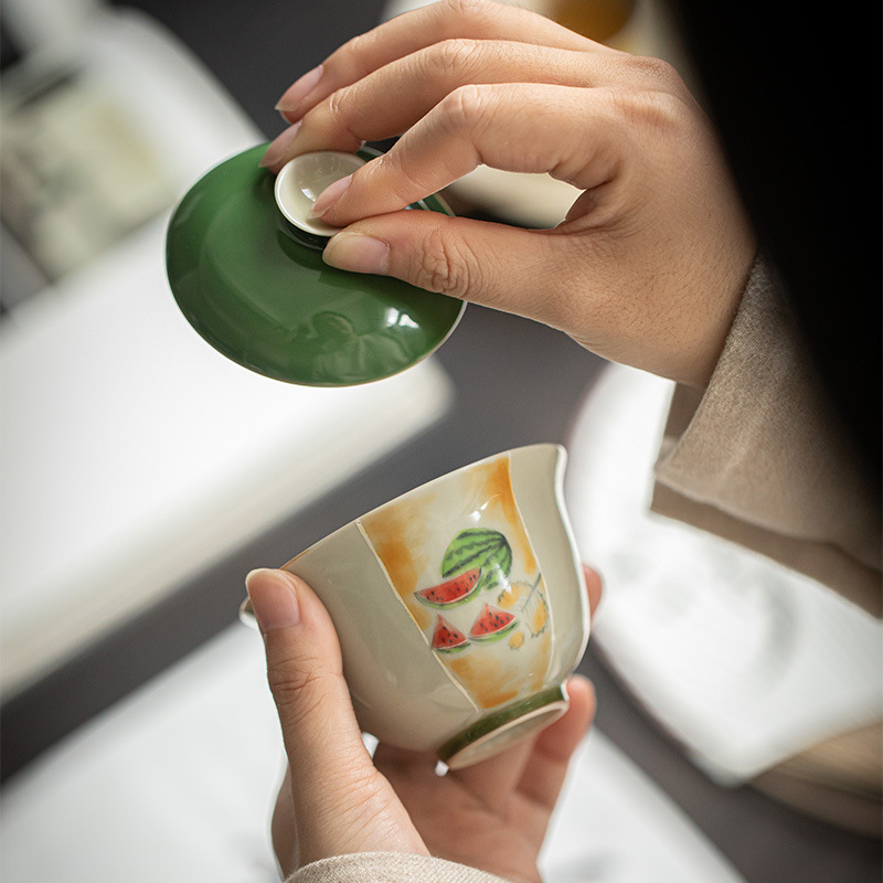 复古家用 古青手绘西瓜盖碗 开窗釉下彩泡茶碗功夫茶具喝茶碗