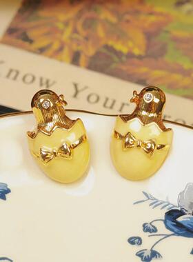 《春日破壳》可爱小黄鸡造型耳钉女金色蝴蝶结少女心精致耳环耳饰