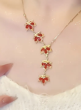 《枫叶红》红色枫叶吊坠蛇骨链项链时尚名媛长款百搭锁骨链毛衣链