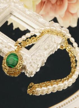 复古宫廷风孔雀石珍珠链条项链女