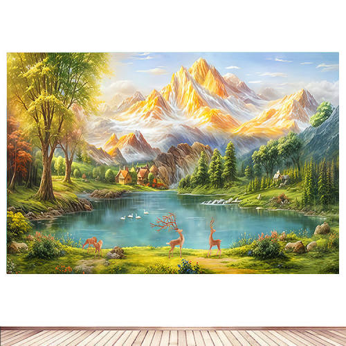 日照金山聚宝盆山水画背有靠山图墙贴壁画客厅办公室招财风水自粘