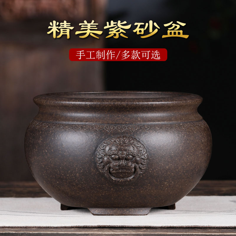 狮头碗莲盆缸水培紫砂盆铜钱草 一叶莲盆无孔紫砂盆景盆青鳉鱼缸