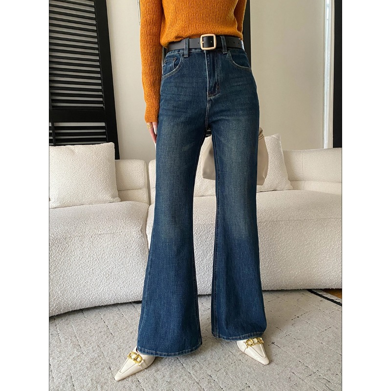 司南 腿精日常 复古丹宁蓝高腰直筒显瘦宽松微喇叭牛仔裤