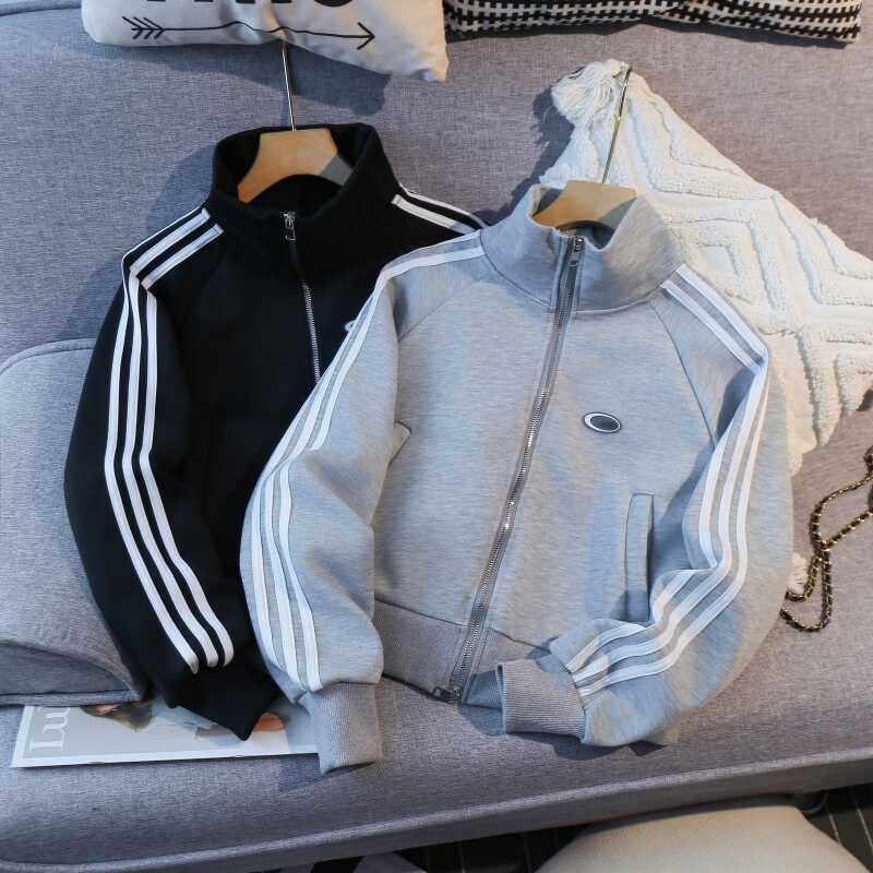 三条杠短款卫衣外套女款春秋季立领棒球服美式上衣休闲运动套装女