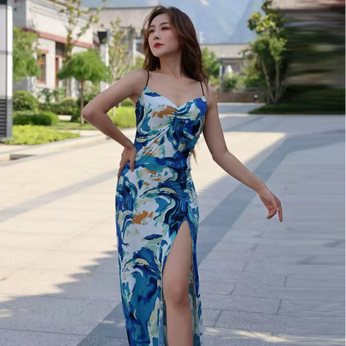 沐熙佳2026新款【Flow漾】吊带连衣裙肚皮舞印花长裙显瘦练功服