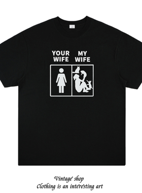 YOUR WIFE MY WIFE 原创女友爱猫咪印花短袖美式vintage情侣T恤夏