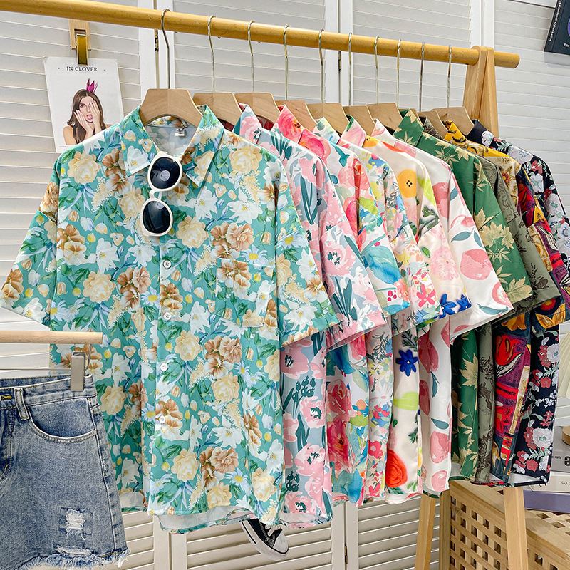 沙滩衬衫高级感痞帅复古花衬衫港风2025新款男女港风沙滩服短袖