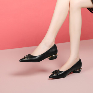 女鞋 新款 真皮浅口粗跟单鞋 2025秋季 舒适百搭低跟鞋 尖头中跟小皮鞋