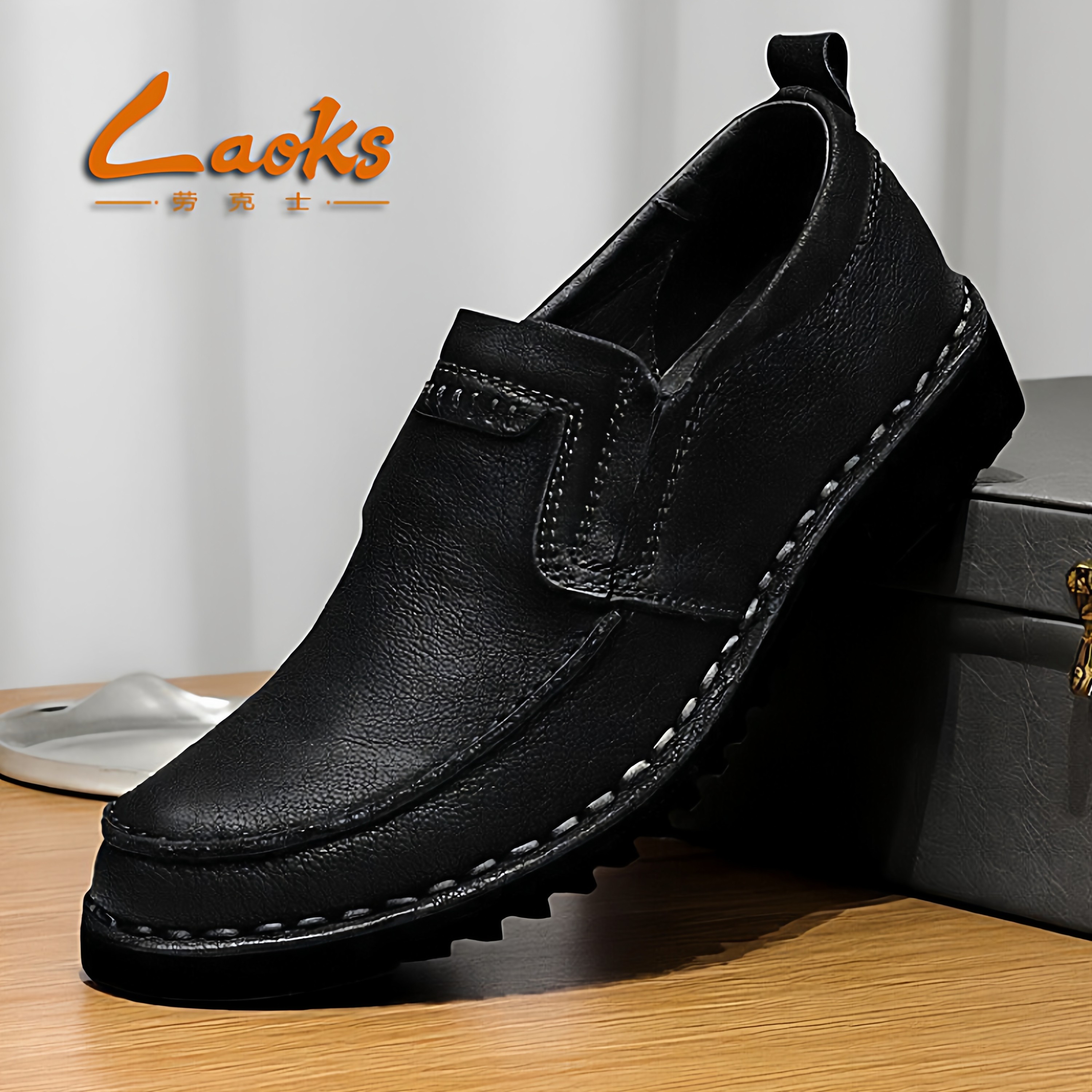 劳克士正品秋冬男真皮休闲皮鞋一脚蹬套脚英伦风头层牛皮低帮百搭