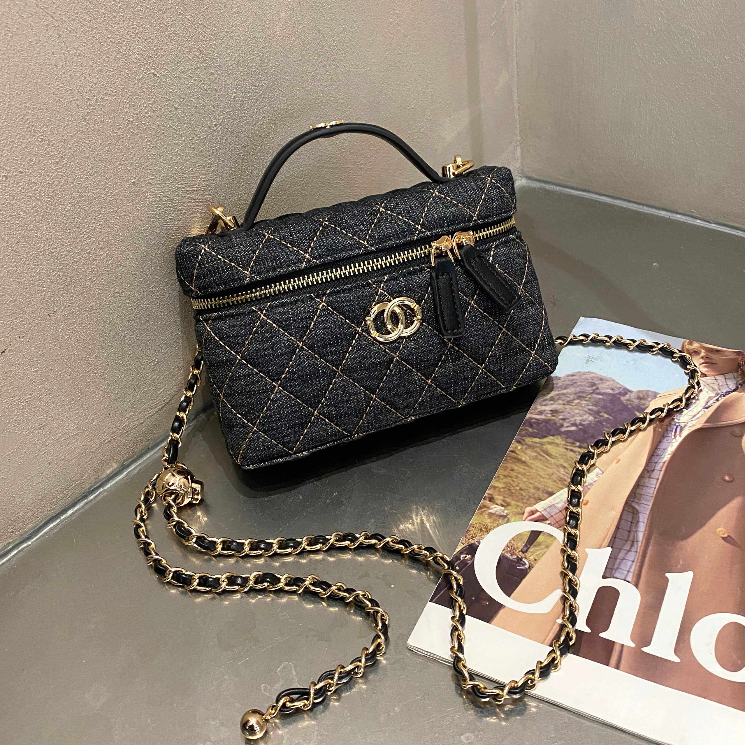 小香风牛仔布盒子包女单肩斜挎包口红包迷你菱格链条包hobo手提包