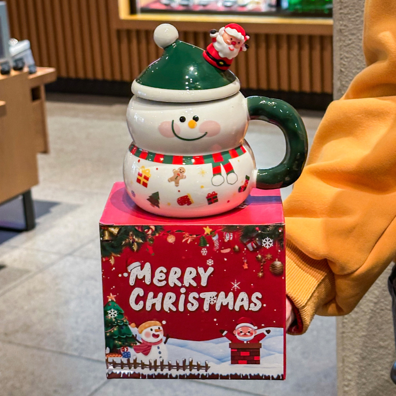 可爱小雪人陶瓷马克杯带盖圣诞节