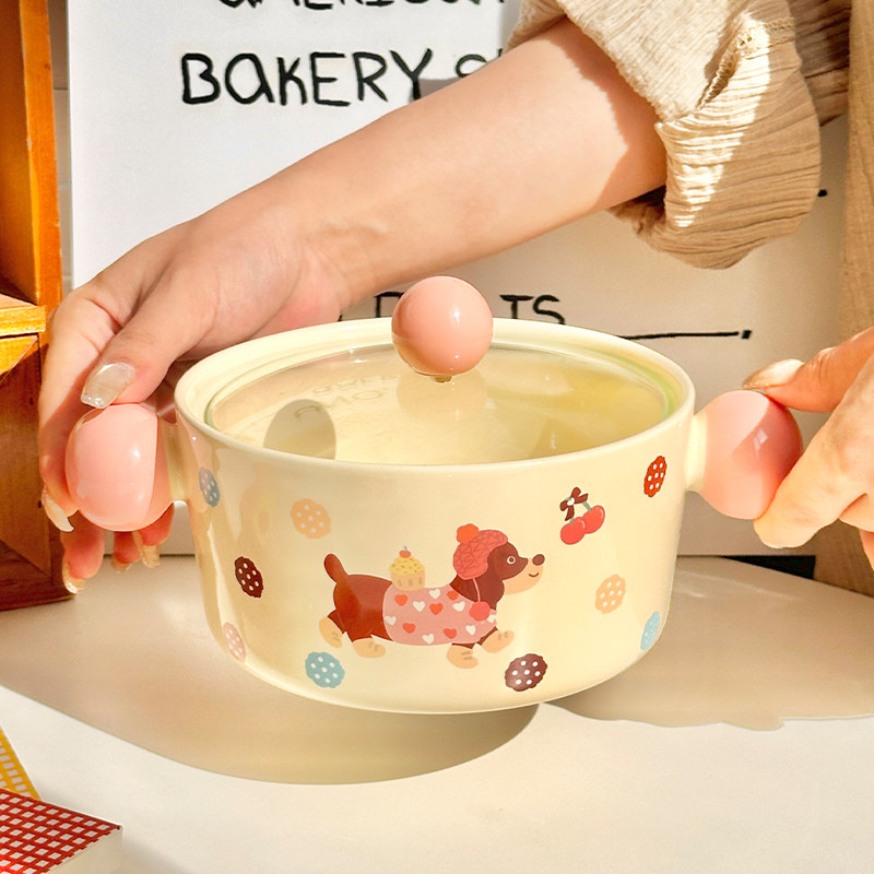 可爱腊肠狗双耳汤碗高颜值2025新款陶瓷泡面碗带盖大容量螺蛳粉碗,餐饮具,碗,淘宝优惠券,粉丝福利购,淘宝优惠卷