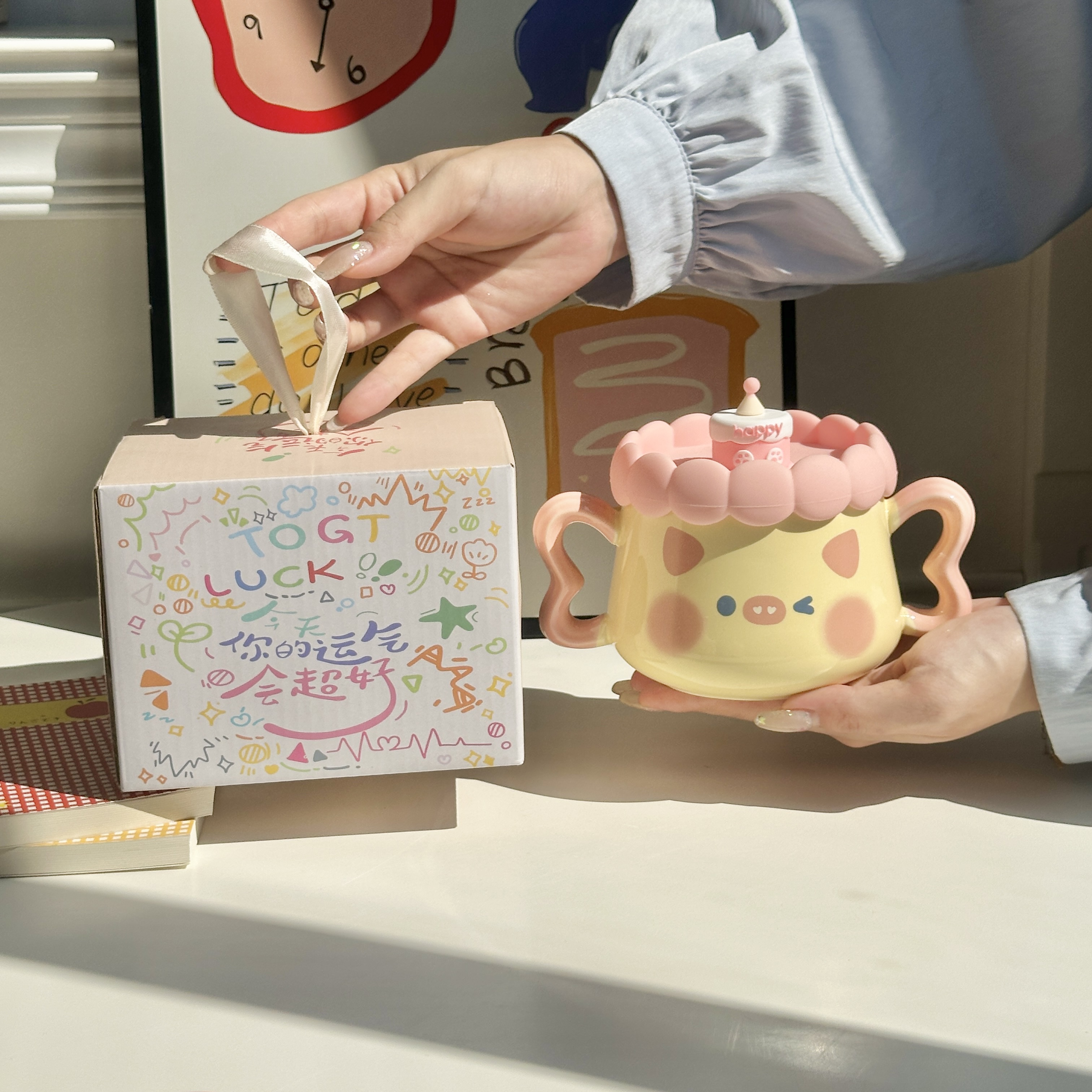 可爱蛋糕猪猪陶瓷杯子高颜值马克杯带盖勺情侣生日礼物女生伴手礼