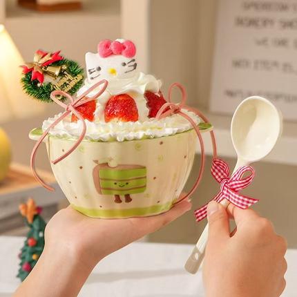 可爱高颜值奶油蛋糕碗装扮水果陶瓷碗hellokitty蛋糕装饰网红摆件