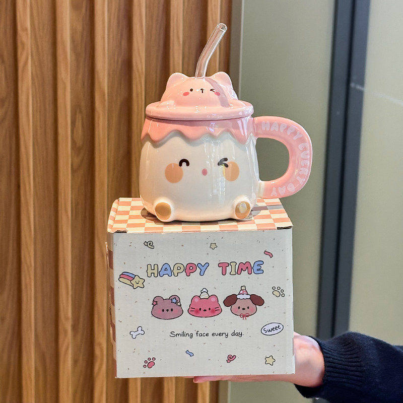 猫咪陶瓷马克杯儿童吸管杯可爱高颜值咖啡牛奶杯送男女生生日礼物,餐饮具,马克杯,淘宝优惠券,粉丝福利购,淘宝优惠卷