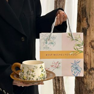 下午茶手绘拿铁杯生日礼物伴手礼盒 复古轻奢创意桂花咖啡杯碟套装