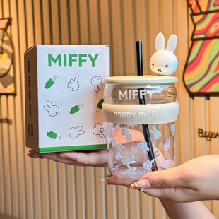米菲兔吸管杯家用高硼硅玻璃杯可爱女生喝水杯耐高温果汁杯伴手礼