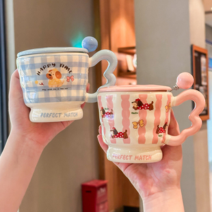 超可爱条纹小狗陶瓷水杯情侣马克杯带盖勺办公室咖啡杯女伴手礼物