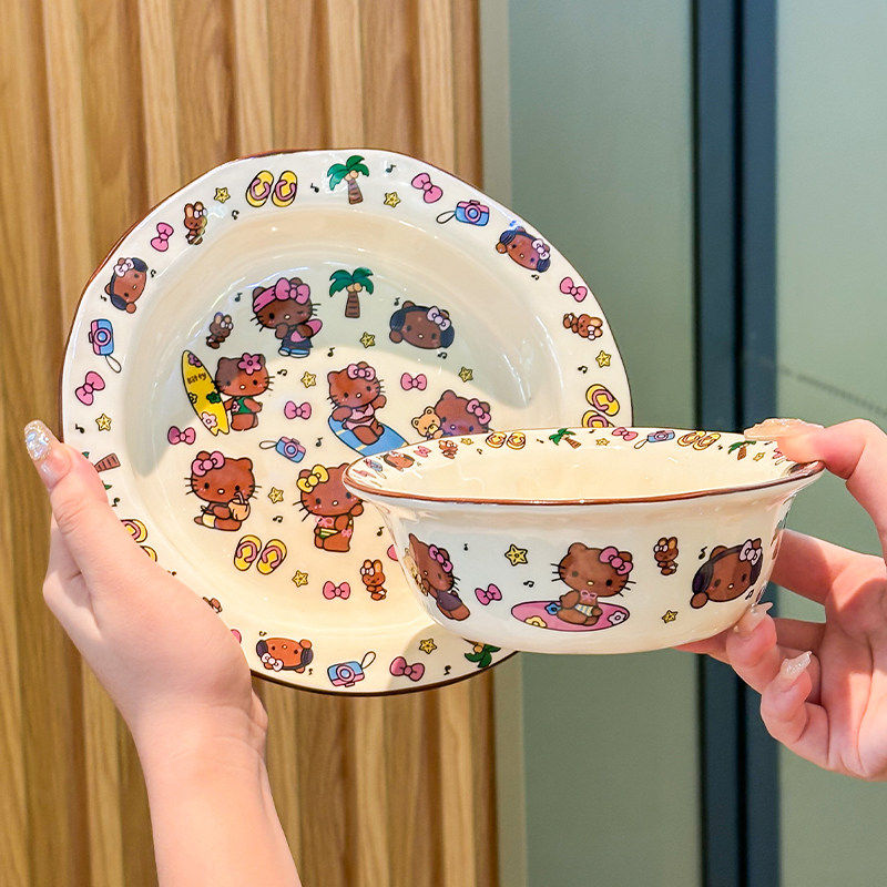 高颜值网红黑皮猫咪陶瓷餐盘家用好看的碟子水果酸奶碗一人食餐具