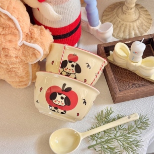 2026圣诞节新年苹果小狗草莓碗蛋糕装 扮甜品碗陶瓷碗 饰节日烘焙装