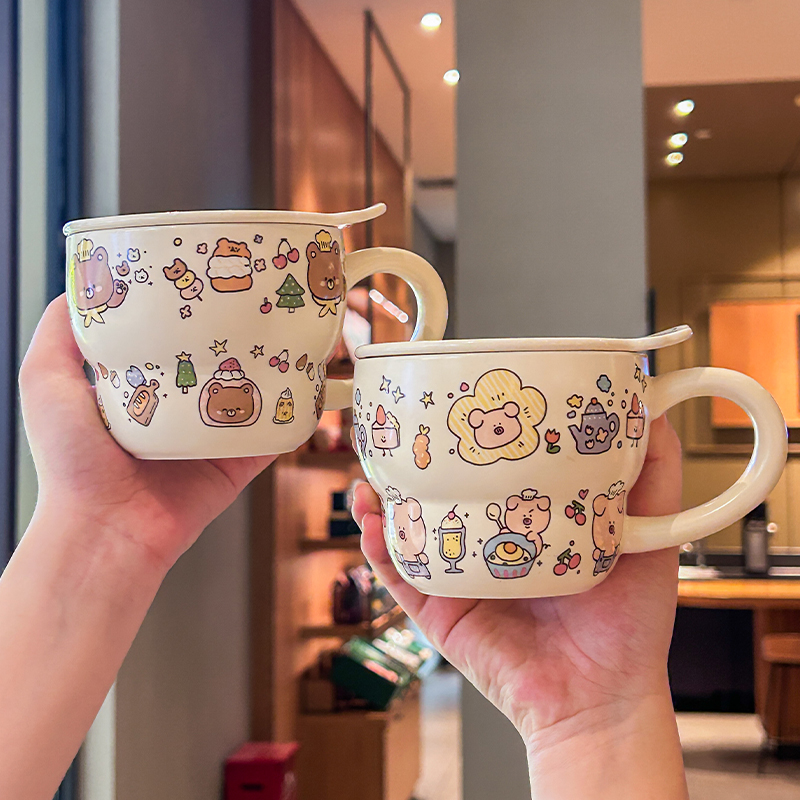 可爱涂鸦小猪马克杯男女生高颜值陶瓷杯子带盖情侣喝水杯生日礼物