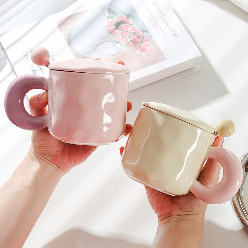 高颜值奶fufu马克杯带盖勺可爱女生陶瓷咖啡杯子情侣办公室早餐杯