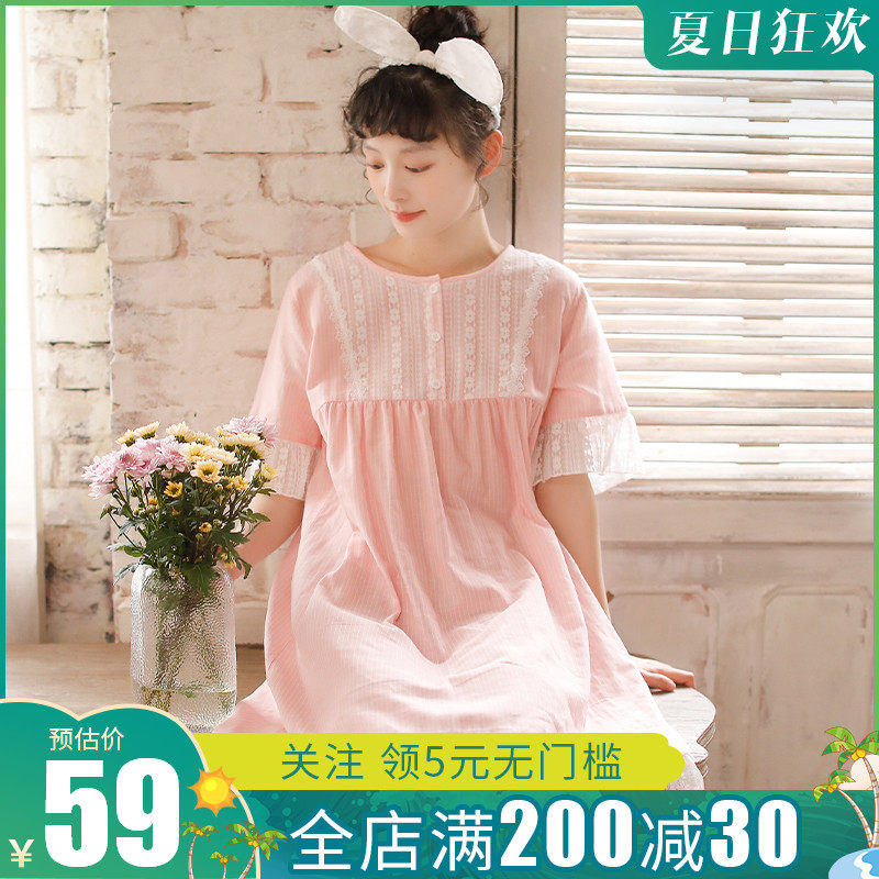 3甜美睡裙女夏季薄款纯棉纱布蕾丝可爱公主2021年新款套头睡衣裙子