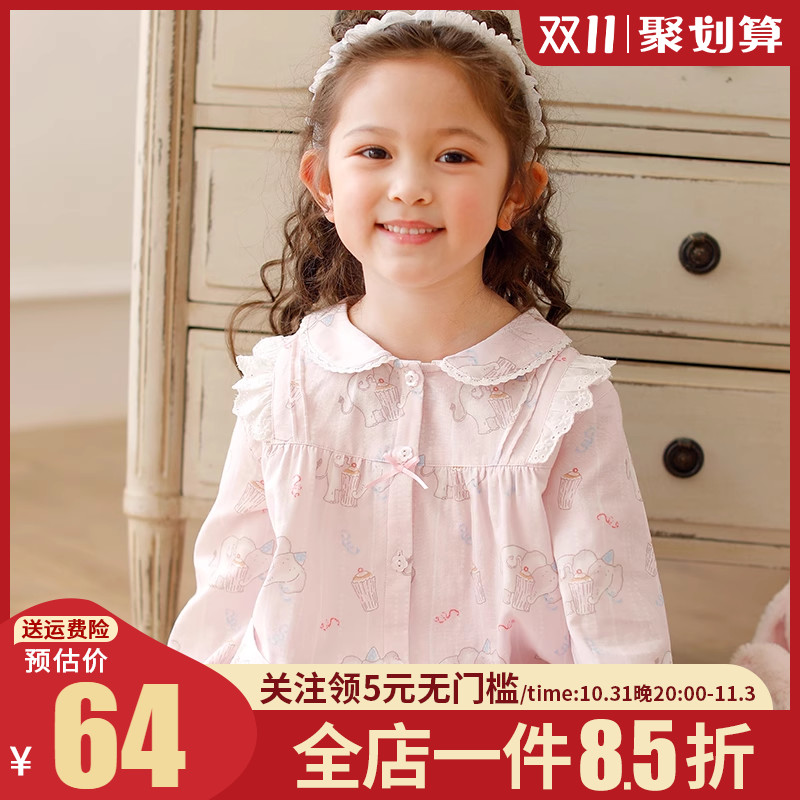 卡通儿童睡衣女孩夏季薄款纯棉纱布长袖花边娃娃领女童家居服套装