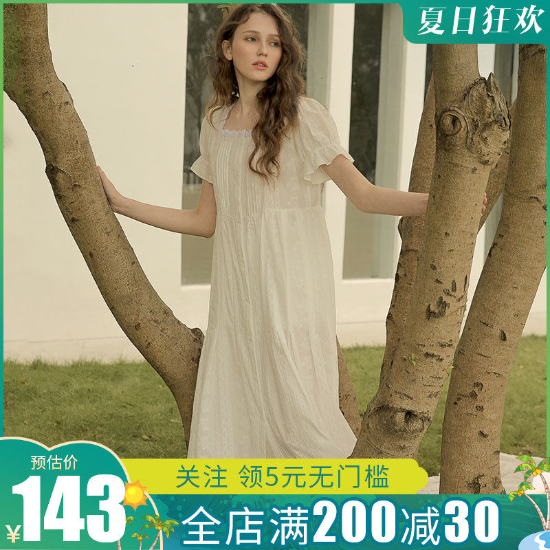 3睡衣女夏季薄款长裙长款睡裙超长过膝纯棉纱布短袖宫廷风家居服裙