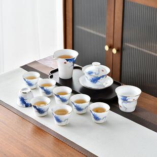 轻奢盖碗整套家用办公室客户送礼品 高档青花手绘冰种陶瓷茶具套装