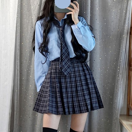 新款日系JK学院风少女制服长袖衬衫小清新蓝色班服学生衬衣