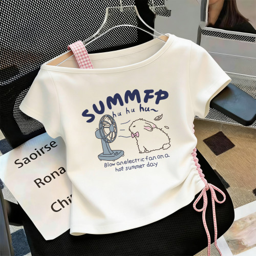 女童短袖t恤夏季2026新款童装中大童女孩露肩设计感甜美洋气上衣