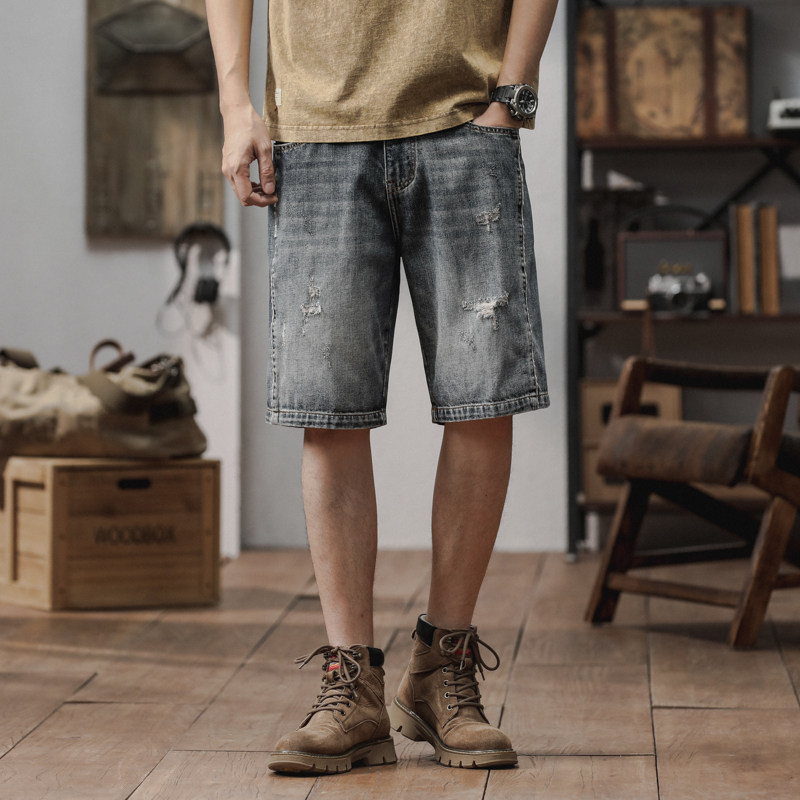 美式休闲牛仔短裤男夏季薄款宽松直筒2024新款水洗破洞五分裤男潮