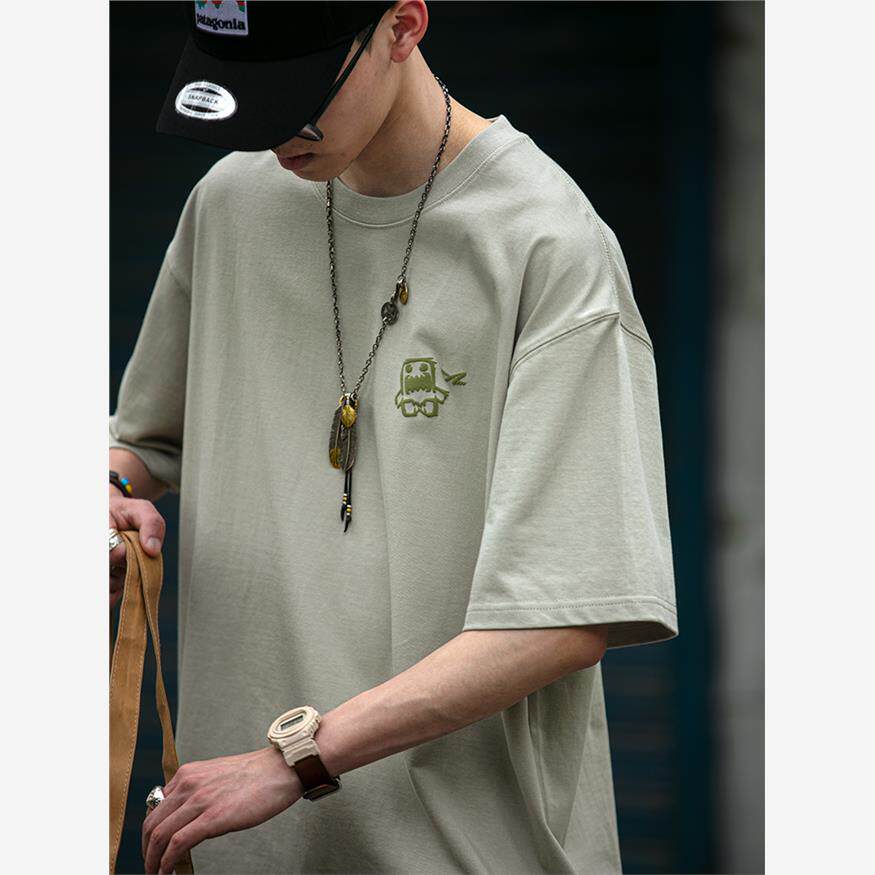 夏季新款宽松落肩短袖T恤男青年纯色简约百搭圆领半袖纯棉TEE