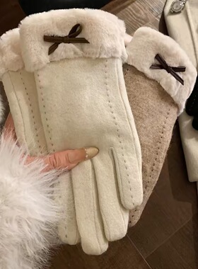 法式蝴蝶结毛绒手套女2026新款冬季骑行开车加绒加厚防寒分指手套