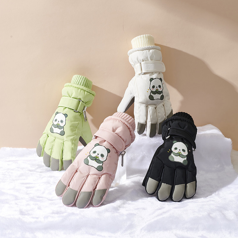 小熊猫儿童滑雪手套女童男童秋冬加绒加厚小学生保暖手套玩雪卡通